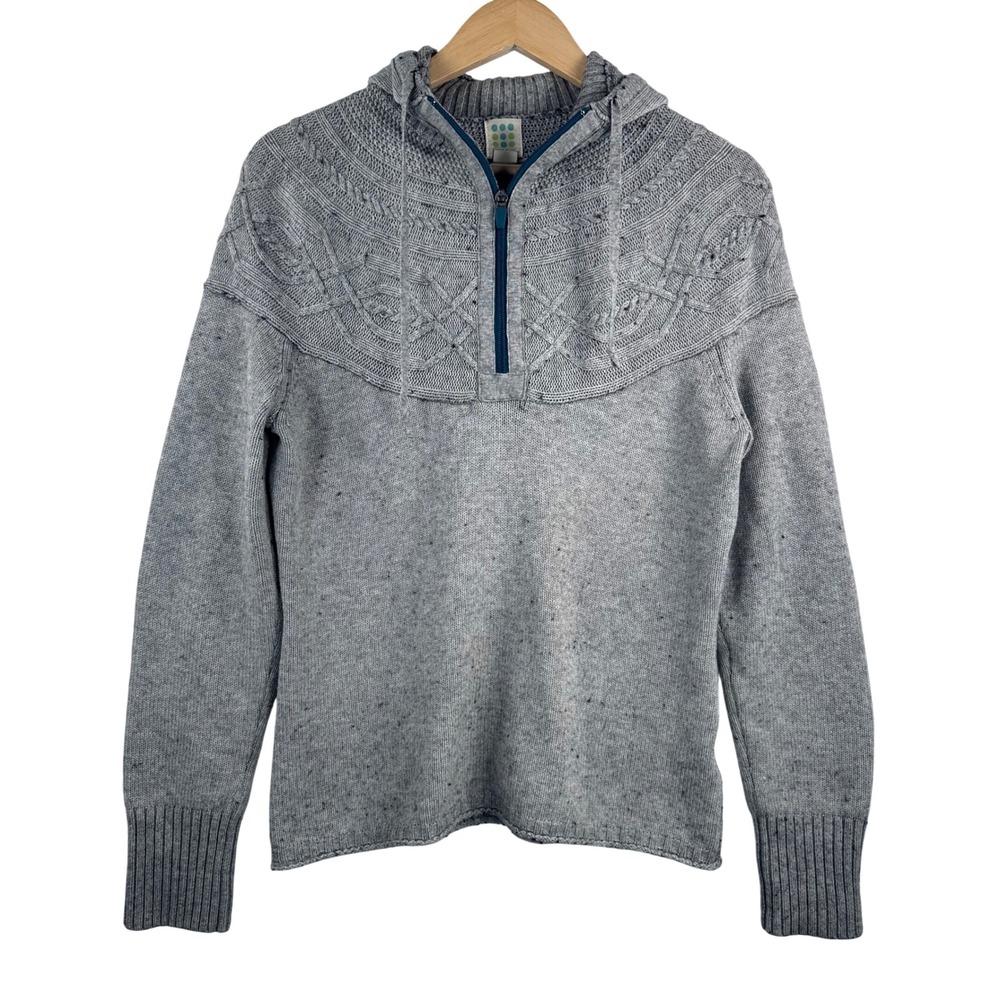 Title Nine Hooded Sweater sz M Gray Quarter Zip Cable Knit‎ Merino Blend